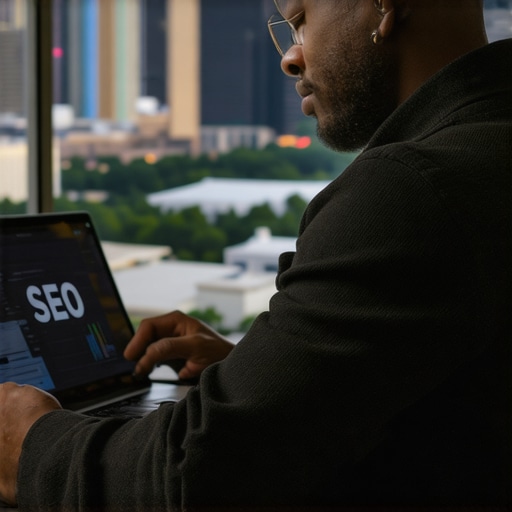 Business owner reviewing SEO analytics with Plano skyline in background.