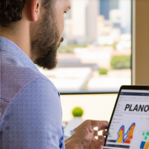 Digital marketing consultant reviewing local SEO analytics on a laptop with Plano cityscape