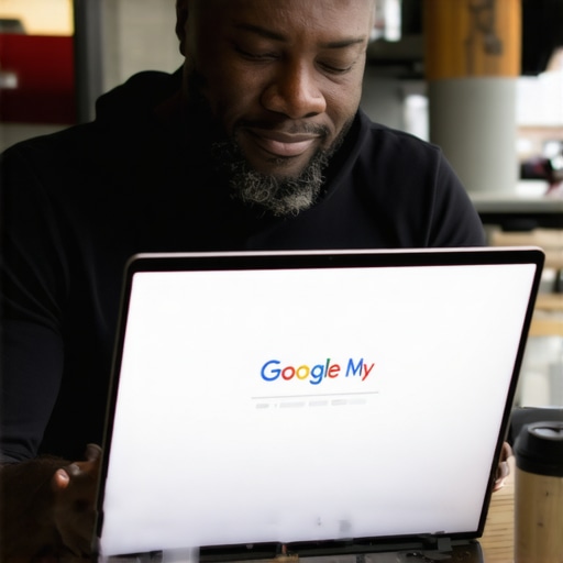 Business owner analyzing GMB profile on laptop in Plano café