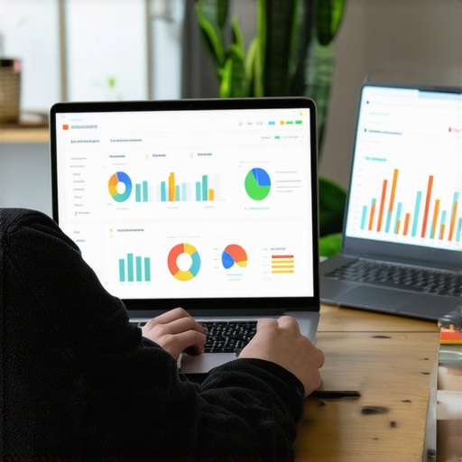 Business owner analyzing local SEO metrics on a laptop in an office