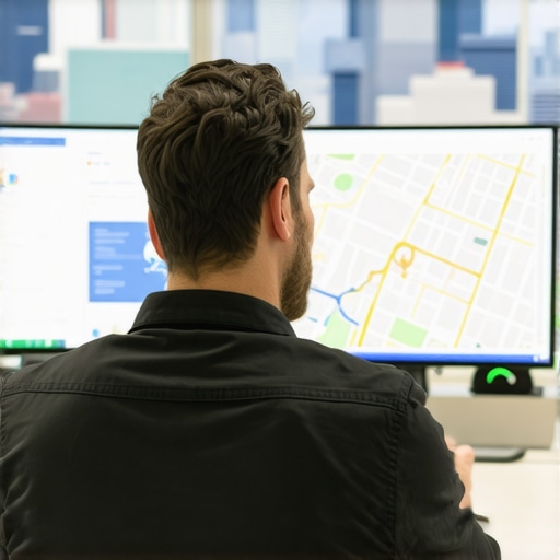 Business owner reviewing Google Maps ranking data on digital screens in an office with Plano cityscape background