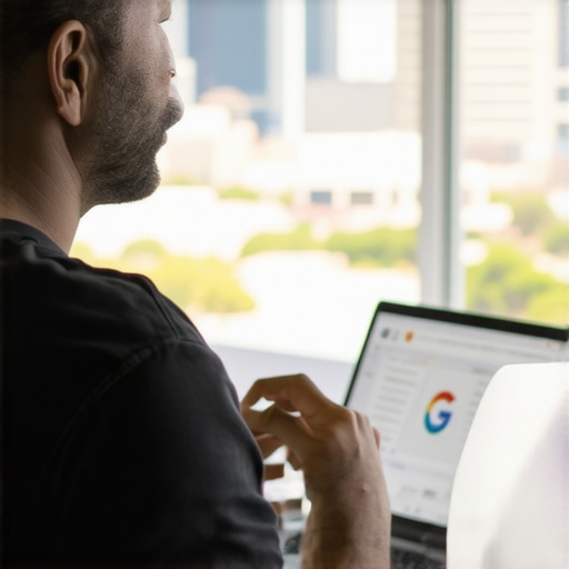 Business owner updating Google My Business profile on a laptop with Plano cityscape