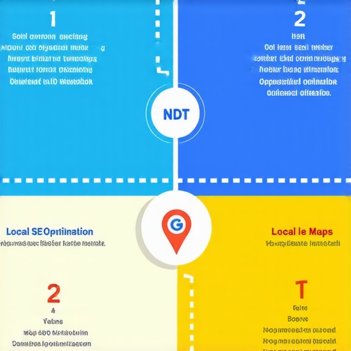 Illustration of local SEO steps including GMB optimization, citations, reviews, website SEO, and content creation.
