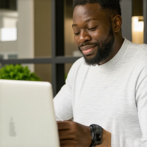 Business owner optimizing Google My Business profile with Plano storefront in background