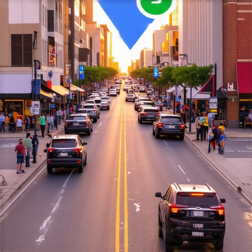 Busy street scene in Plano with local businesses and Google Maps overlay