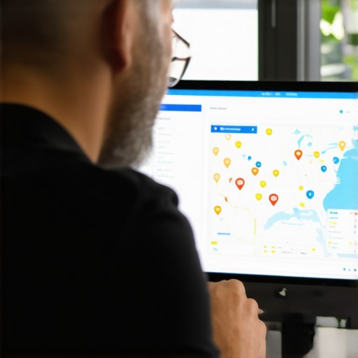 Analyzing Local SEO Data in Plano Business owner reviewing Google Maps rankings and local SEO metrics on a laptop in an office setting.