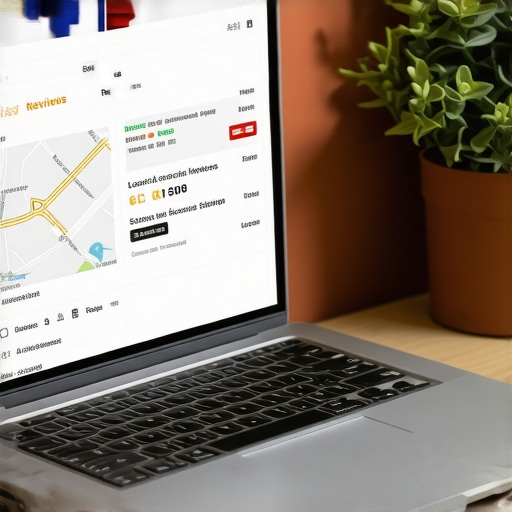 Laptop showing local SEO dashboard with reviews and maps in a Texas office setting.