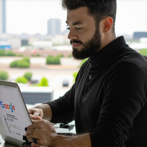 Business owner editing Google My Business profile on laptop with Plano cityscape