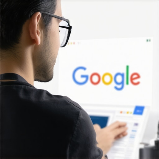Business owner updating Google My Business profile with community backdrop