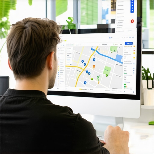 Optimizing GMB Profile in Plano A business owner working on a laptop with a Plano map in the background, symbolizing local SEO efforts.