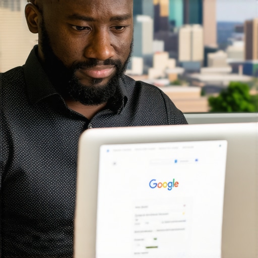 Business owner updating Google My Business listing on laptop with Plano cityscape