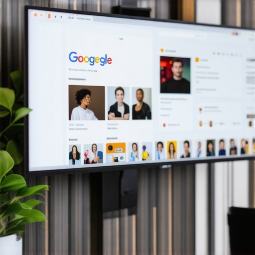 Business owner optimizing Google My Business profile on a laptop with Plano signage in background.
