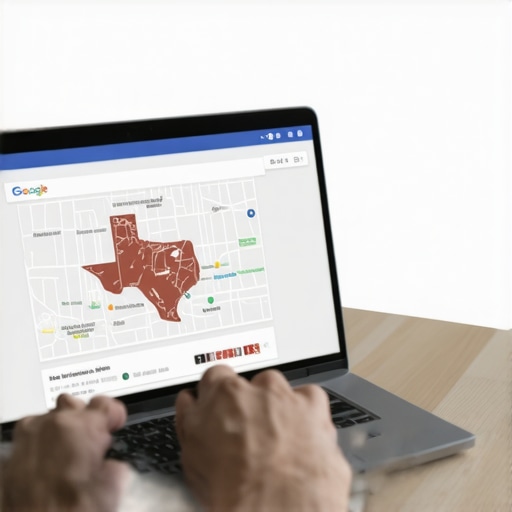 Business owner managing Google My Business listing on laptop with Plano map