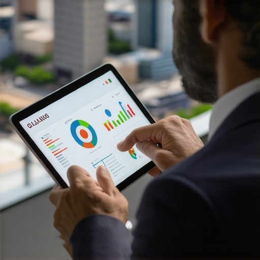 Business professional reviewing local SEO data with Plano skyline