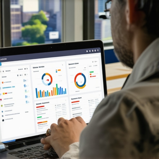 Person reviewing local SEO analytics on laptop with Plano cityscape