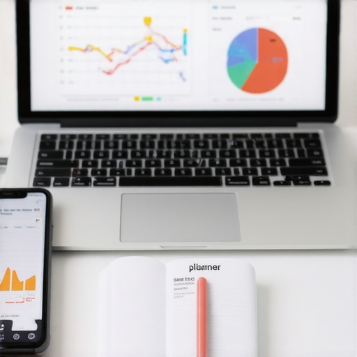 Efficient Local SEO Management Workspace A desk setup showing SEO analytics on a laptop, planner, and smartphone with SEO apps.