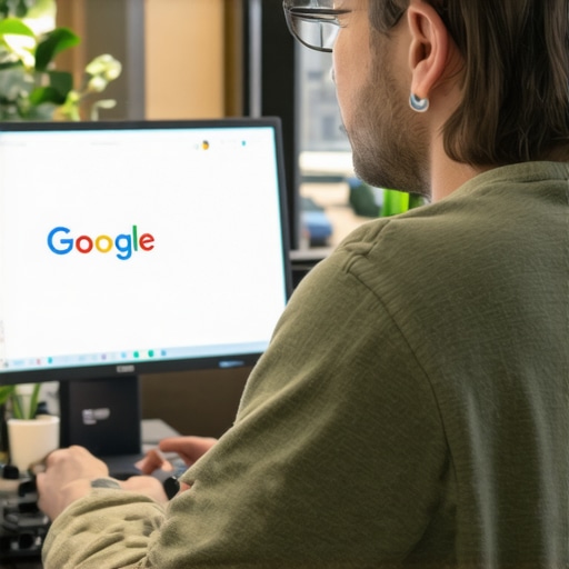Business owner updating Google My Business profile with Plano city background.