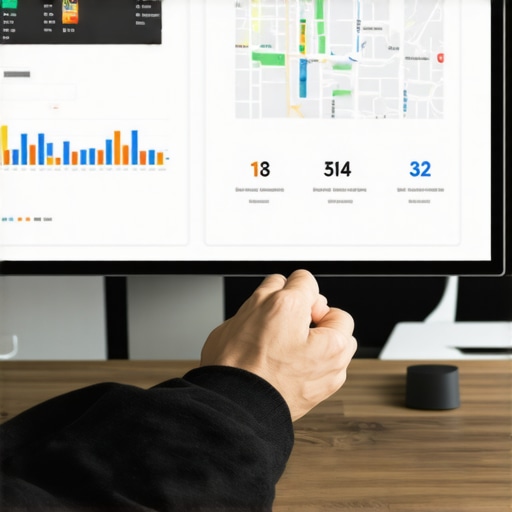 Marketing professional analyzing local SEO data on a computer with maps and charts.