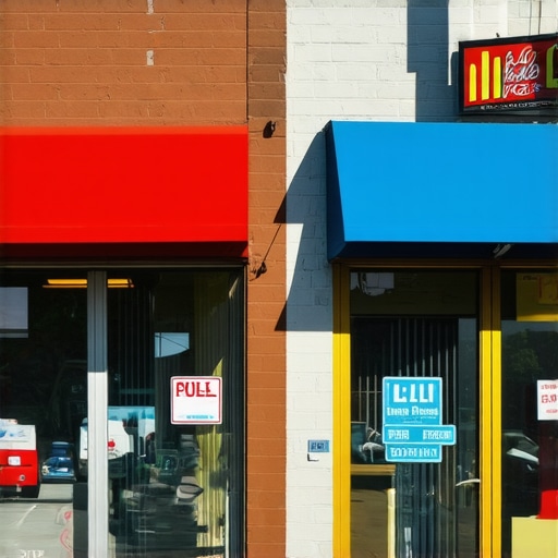 Busy street view of Plano Texas businesses with customers and signage.
