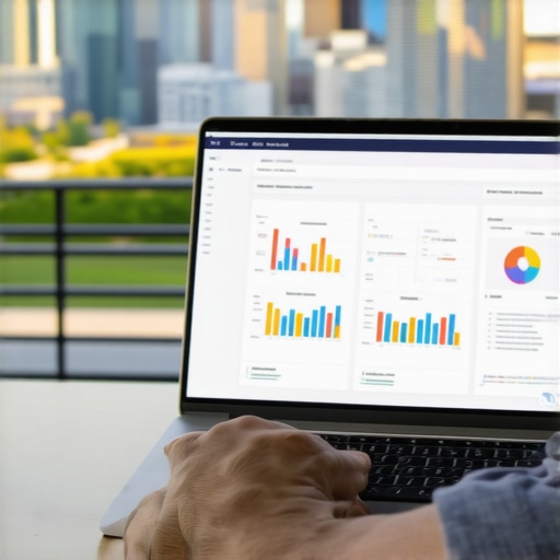 Person reviewing local SEO analytics on a laptop with Plano cityscape visible behind.