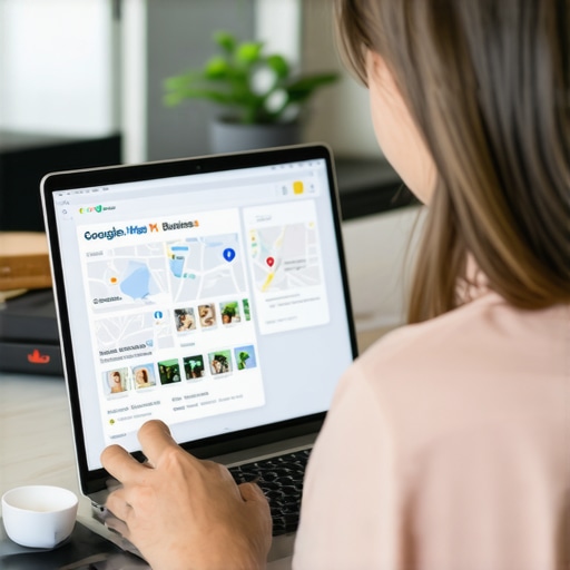 Business owner optimizing Google My Business profile on laptop.