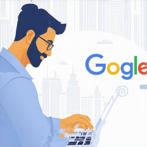 Business owner updating Google My Business profile on a laptop with Plano landmarks behind.