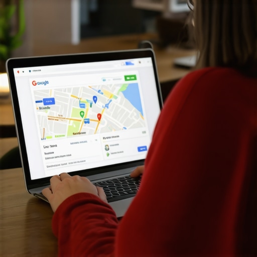 Business owner working on local SEO profile on laptop with focus on maps and keywords.