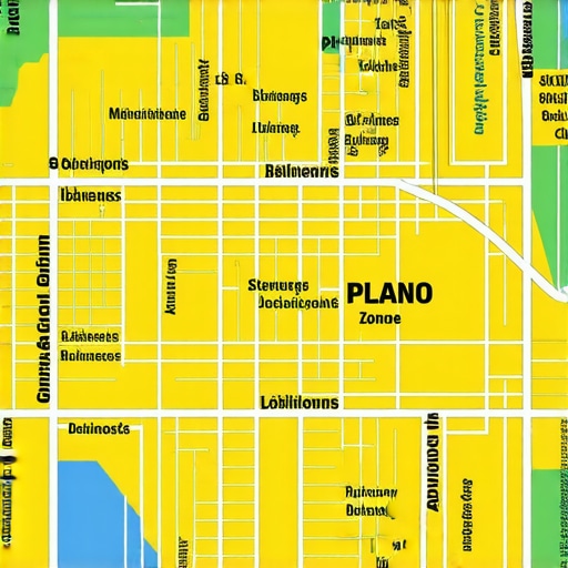 Plano city map highlighting local business search zones with keywords.