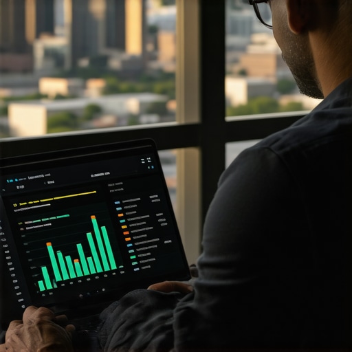 Person analyzing SEO analytics on laptop with Plano city skyline