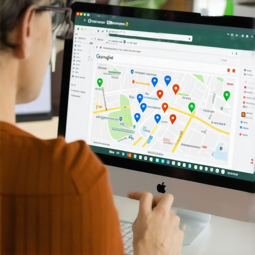 Business owner editing GMB profile on a laptop, maps interface open.