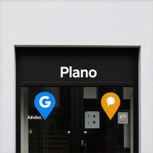 A vibrant storefront with overlay icons representing Google Maps and online marketing in Plano