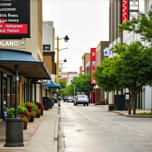 Street view of businesses in Plano, Texas, highlighting local storefronts.